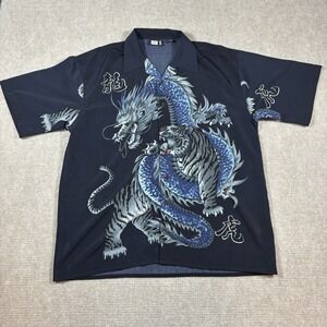 Moon Loop Collar Button Down Dragon Tiger Black AOP Shirt Men's Size Large EUC